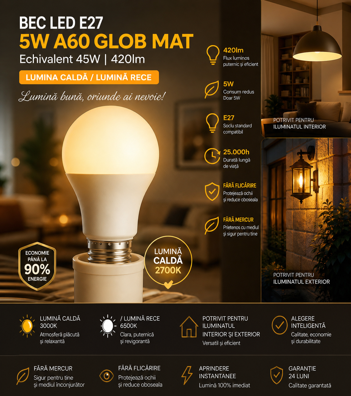 Bec LED E27 5W A60 420lm Echivalent 45W Glob Mat