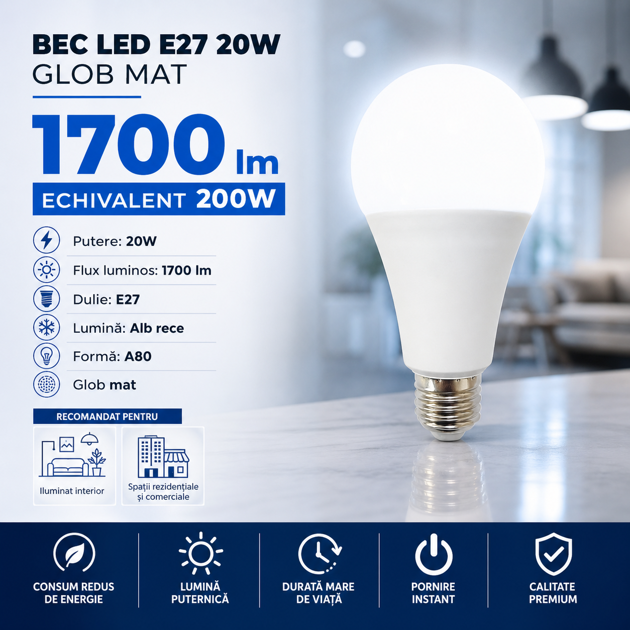 Bec LED E27 20W A80 1700lm Echivalent 200W Glob Mat