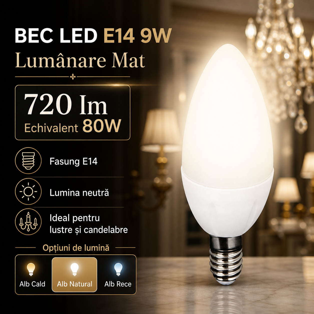 Bec LED E14 9W Lumanare Mat 720lm Echivalent 80W