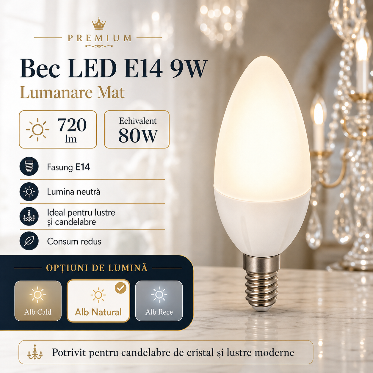 Bec LED E14 9W Lumanare Mat 720lm Echivalent 80W