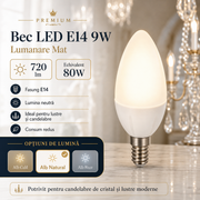 Bec LED E14 9W Lumanare Mat 720lm Echivalent 80W