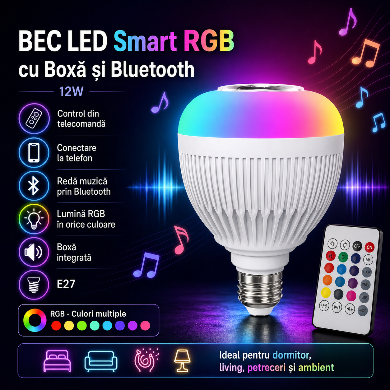 BEC LED Smart RGB cu Boxa si Bluetooth Telecomanda