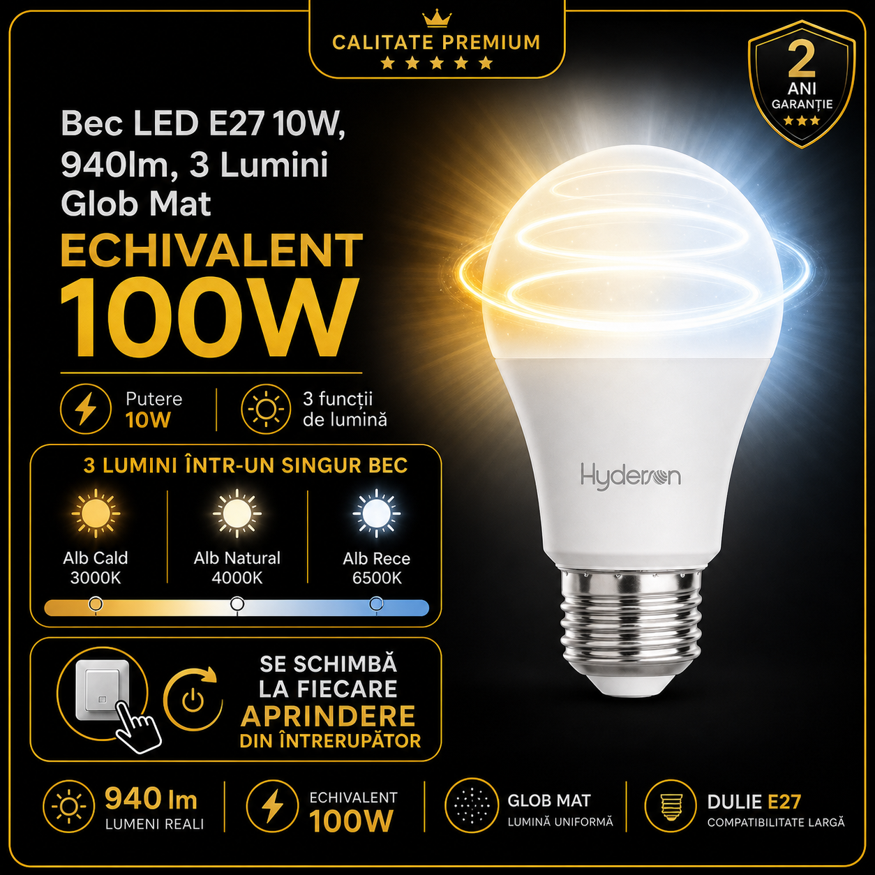 Bec LED E27 10W, 940lm, 3 Lumini Glob Mat Echivalent 100W