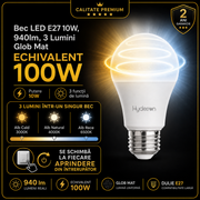 Bec LED E27 10W, 940lm, 3 Lumini Glob Mat Echivalent 100W