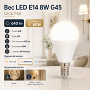 Bec LED E14 8W G45 640lm Echivalent 60W Glob Mat