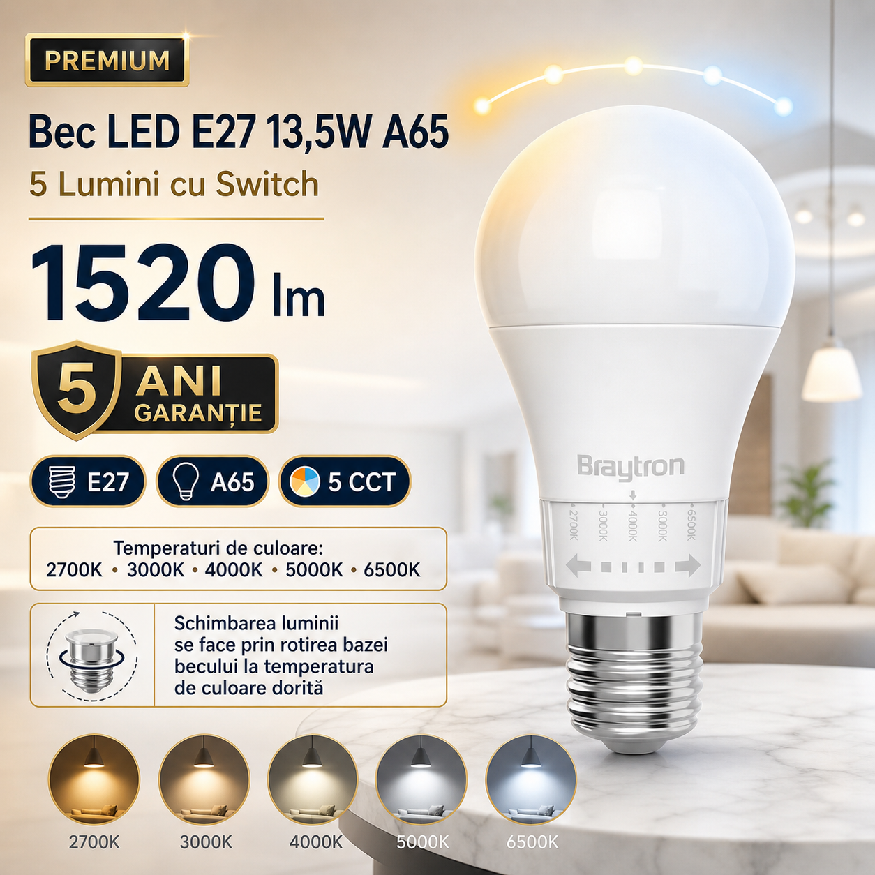 Bec LED E27 13,5W A65 5 Lumini cu Switch 1520lm 5 Ani Garantie