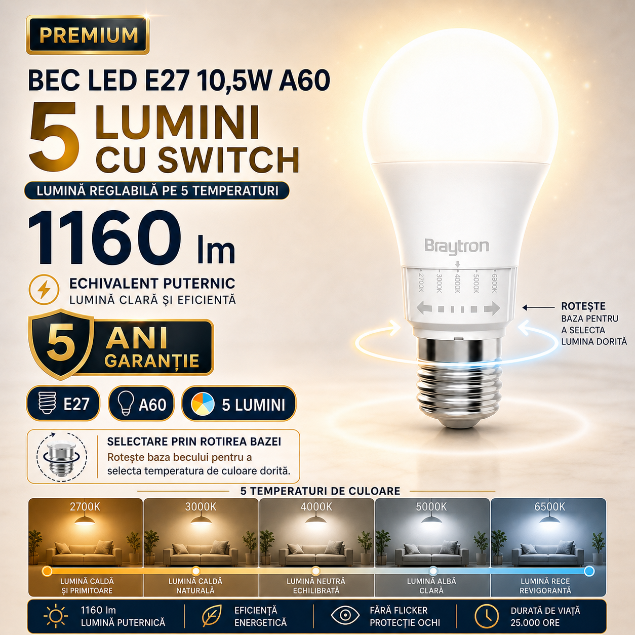 Bec LED E27 10,5W A60 5 Lumini cu Switch 1160lm 5 Ani Garantie