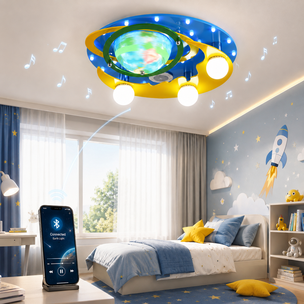 Lustra LED EARTH Blue cu Boxa si Bluetooth Echivalent 300W
