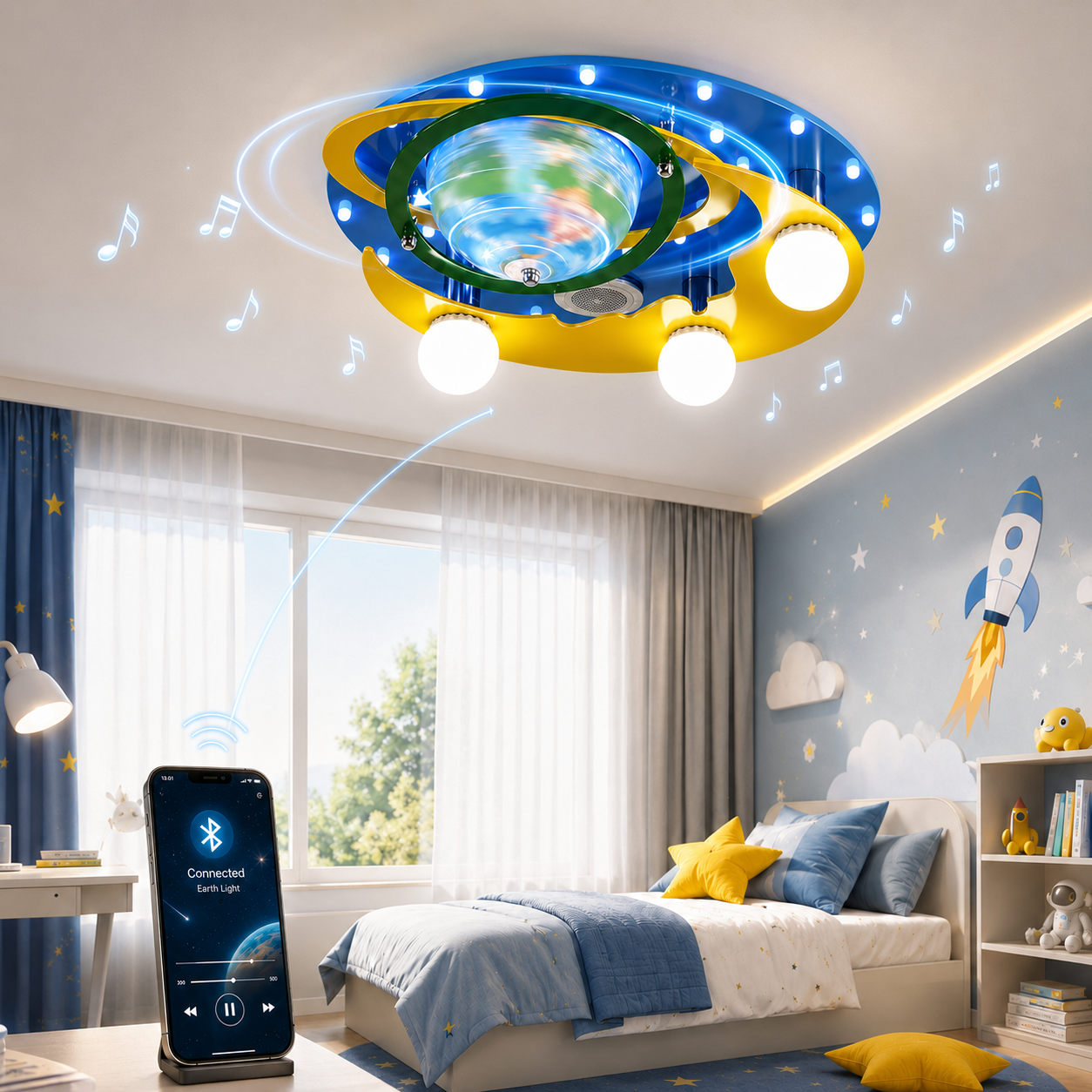 Lustra LED EARTH Blue cu Boxa si Bluetooth Echivalent 300W
