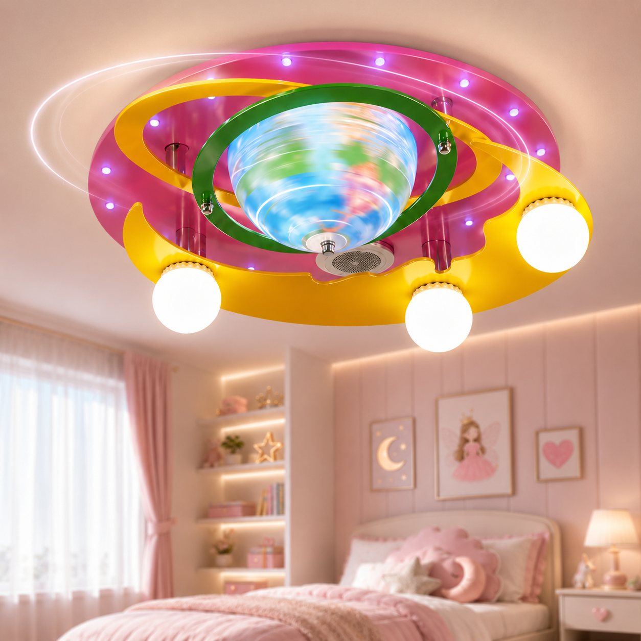 Lustra LED EARTH Pink cu Boxa si Bluetooth Echivalent 300W