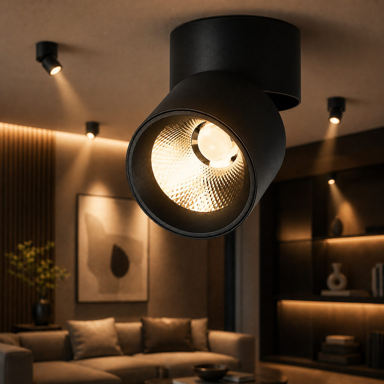 Spot LED Cilindric Aplicat Orientabil Negru 10W Lumina Calda