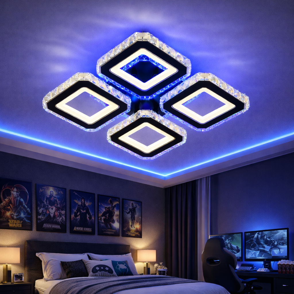 Lustra LED 2+2 SQUARE Cristal Black RGB Echivalent 500W Telecomanda