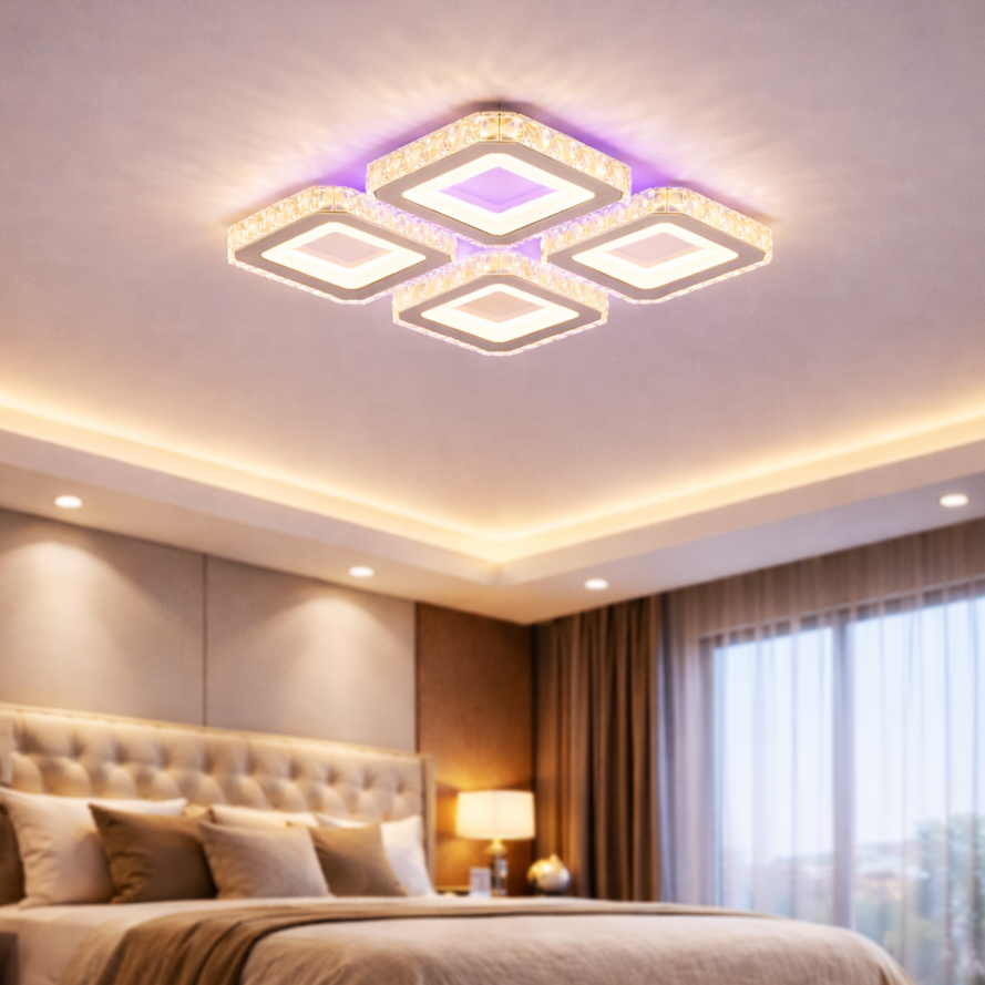 Lustra LED 2+2 SQUARE Cristal Alba RGB Echivalent 500W Telecomanda