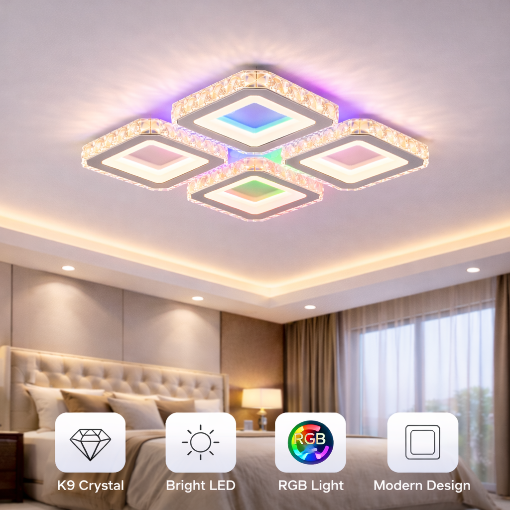 Lustra LED 2+2 SQUARE Cristal Alba RGB Echivalent 500W Telecomanda