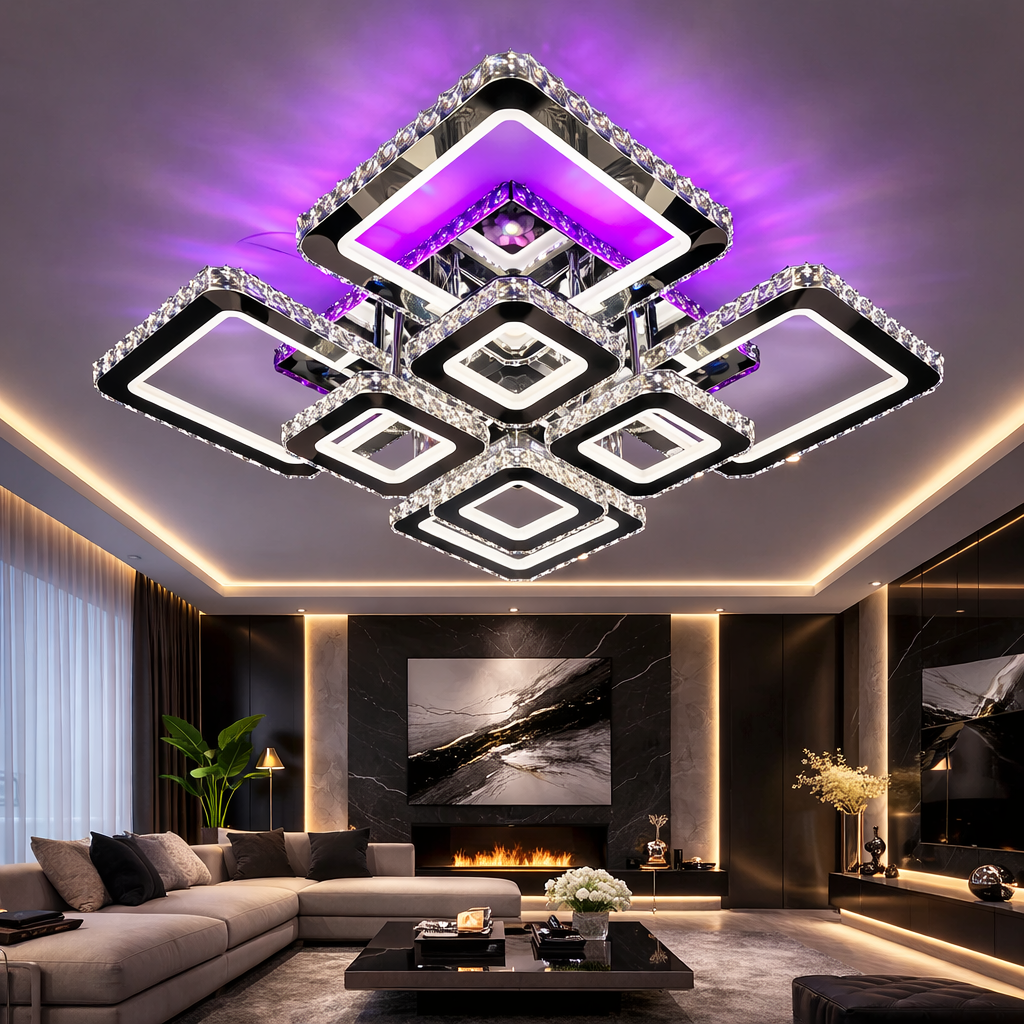 Lustra LED 4+4 Square Cristal Chrome Super RGB Echivalent 1000W