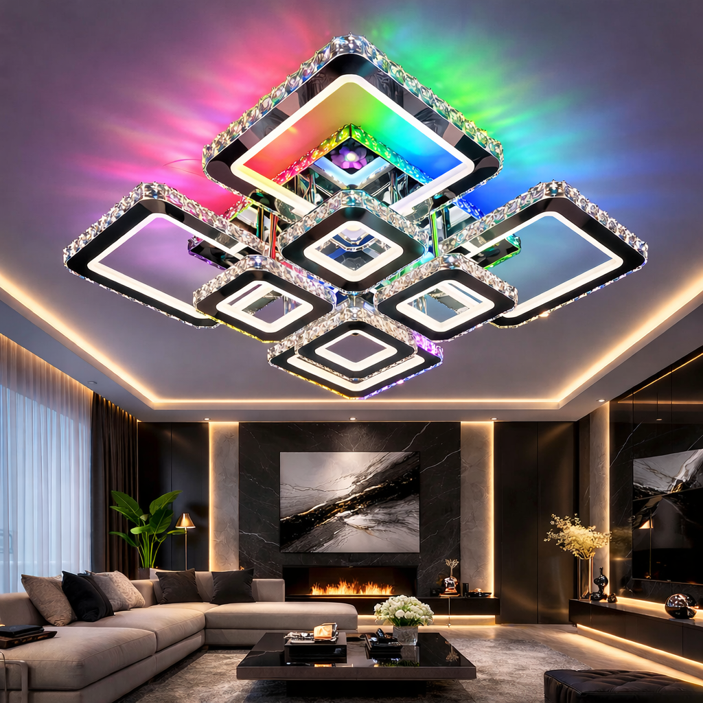 Lustra LED 4+4 Square Cristal Chrome Super RGB Echivalent 1000W