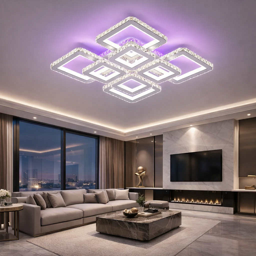 Lustra LED 4+4 Square Cristal Alba Super RGB Echivalent 1000W Telecomanda