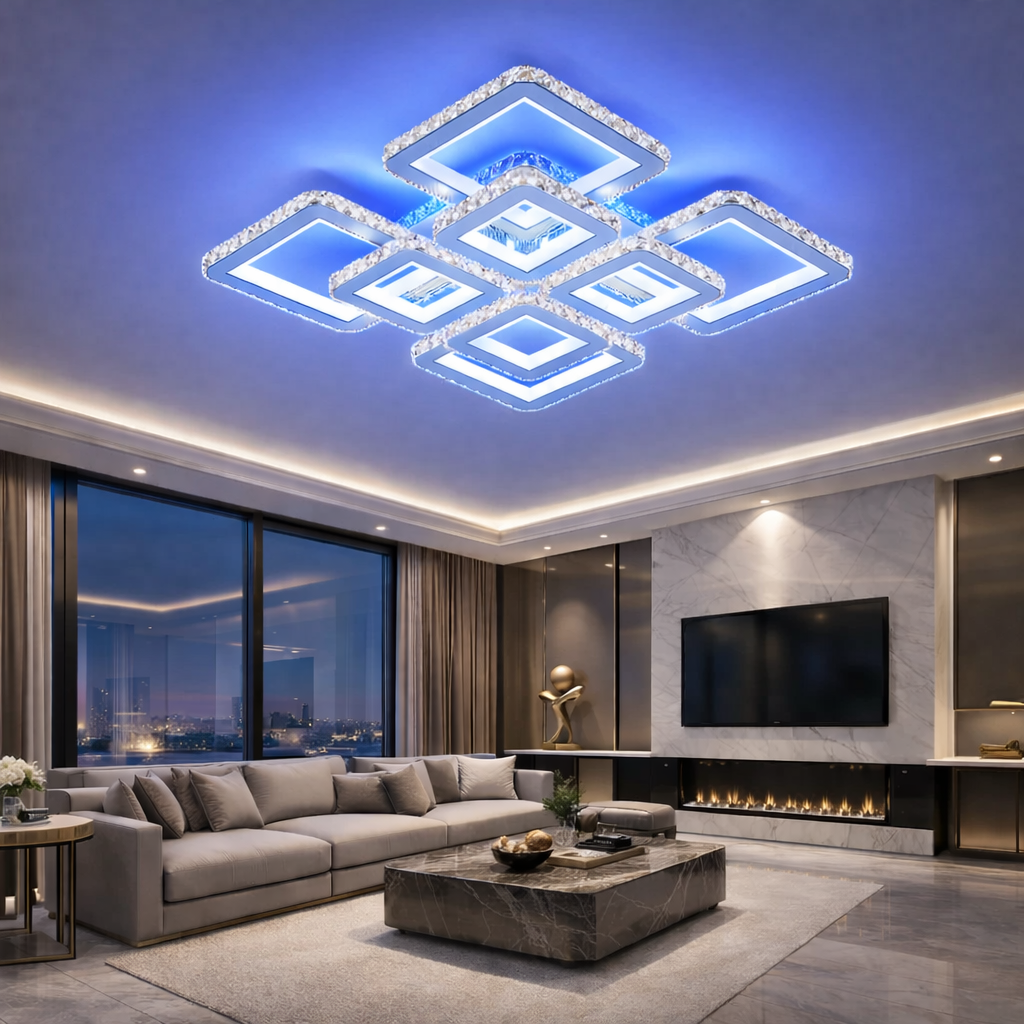 Lustra LED 4+4 Square Cristal Alba Super RGB Echivalent 1000W Telecomanda