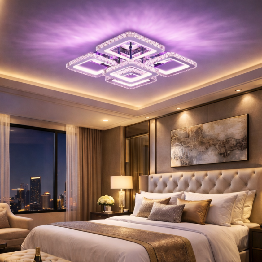 Lustra LED 4+1 SQUARE RGB Cristal Chrome Echivalent 600W Telecomanda