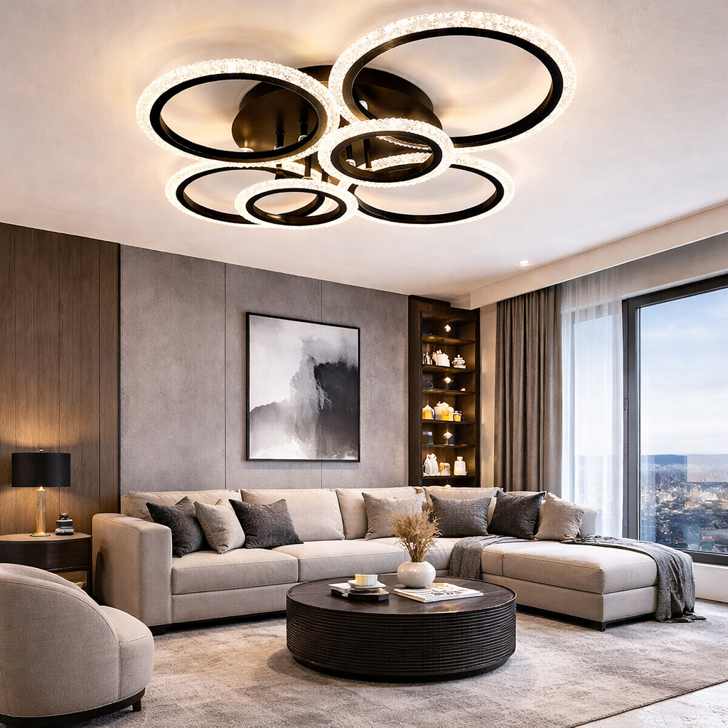 Lustra LED 4+2 CIRCLE Bubbles Black Echivalent 600W Telecomanda