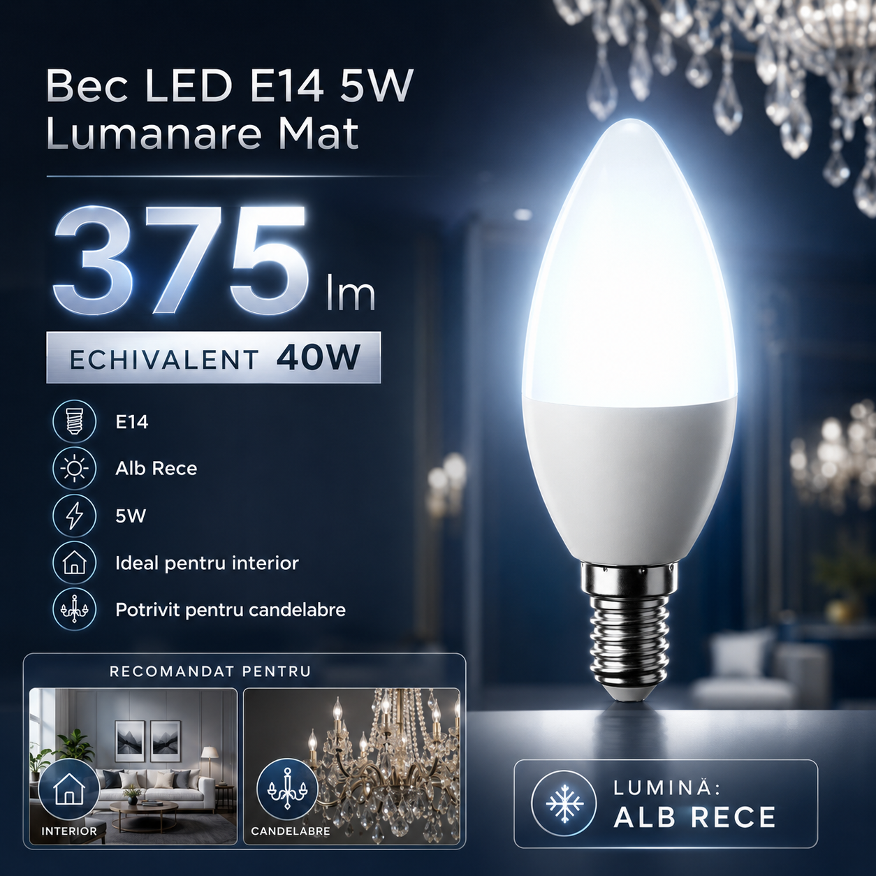 Bec LED E14 5W Lumanare Mat, 375lm, Echivalent 40W Alb Rece