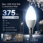 Bec LED E14 5W Lumanare Mat, 375lm, Echivalent 40W Alb Rece
