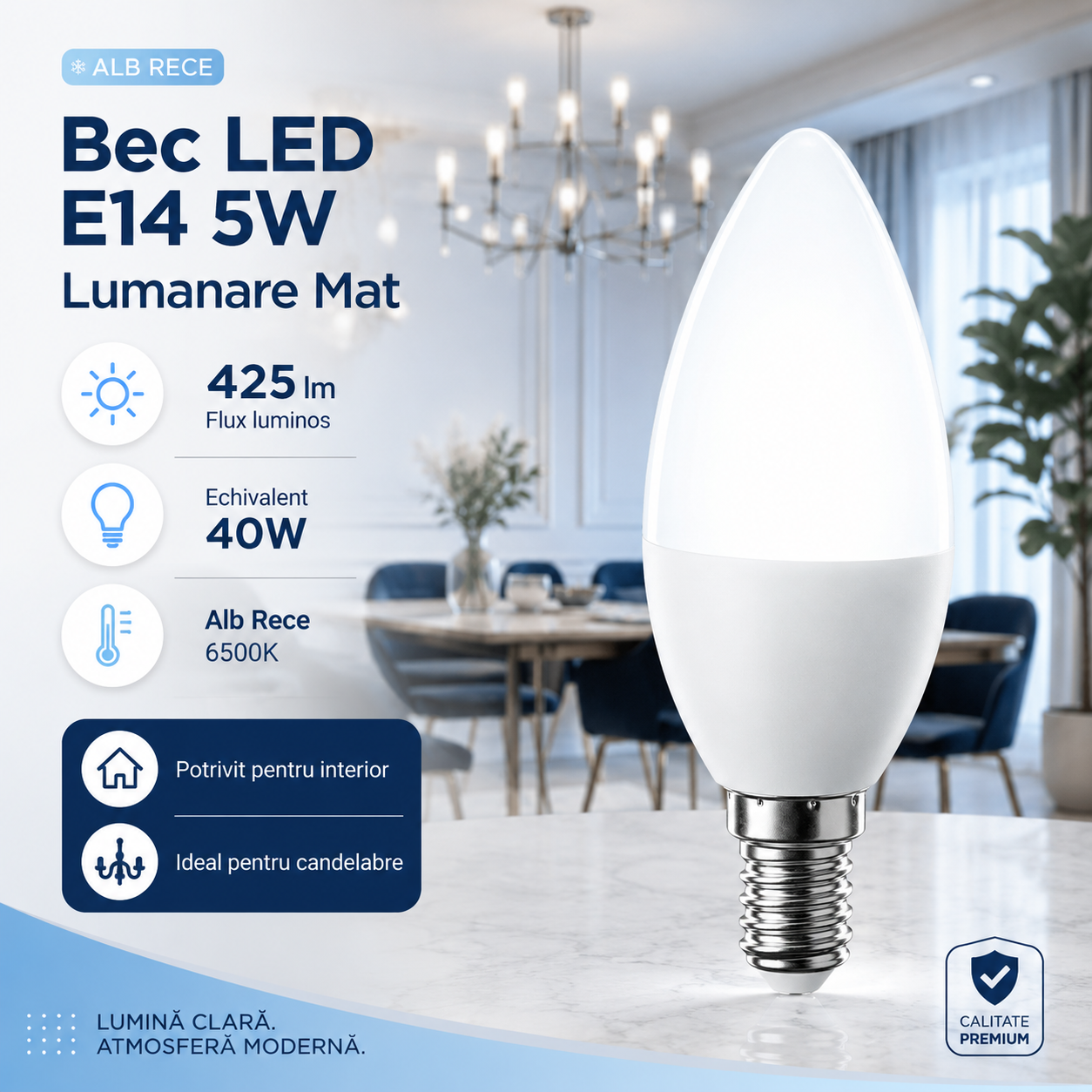 Bec LED E14 5W Lumanare Mat, 425lm, Echivalent 40W Alb Rece
