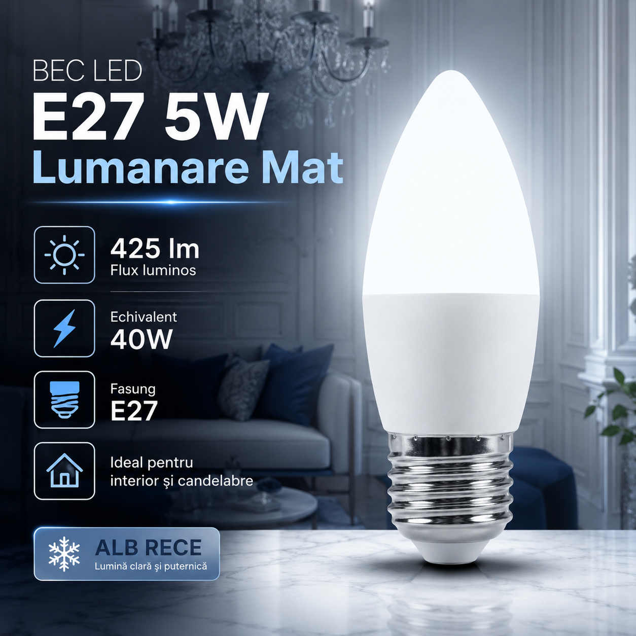 Bec LED E27 5W Lumanare Mat, 425lm, Echivalent 40W Alb Rece
