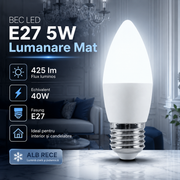Bec LED E27 5W Lumanare Mat, 425lm, Echivalent 40W Alb Rece