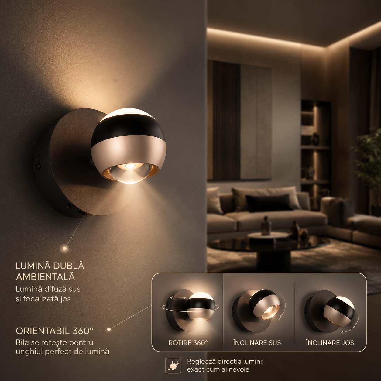 Aplica LED Orbit Premium, Rotire 360°, 3 lumini din buton, Dimabila, 5 ani Garantie