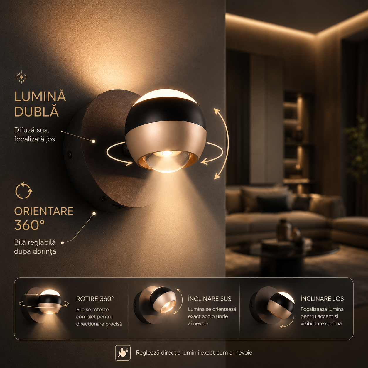 Aplica LED Orbit Premium, Rotire 360°, 3 lumini din buton, Dimabila, 5 ani Garantie