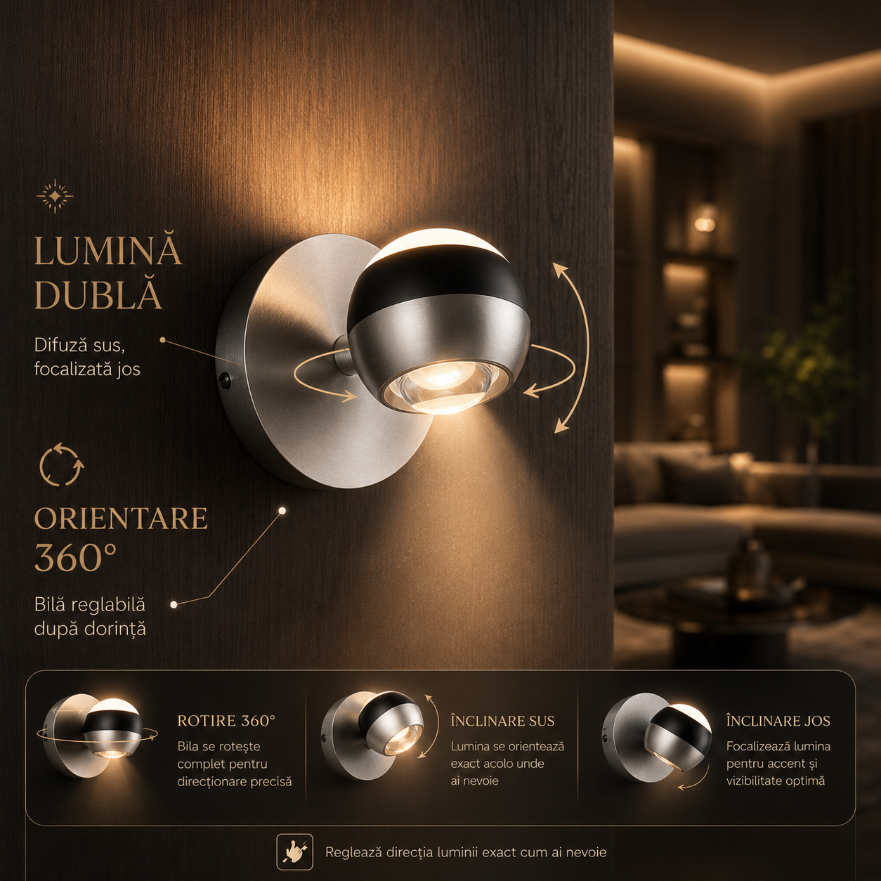 Aplica LED Orbit Silver Premium, Rotire 360°, 3 lumini din buton, Dimabila, 5 ani Garantie