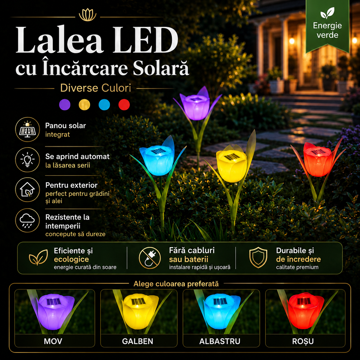 Lalea LED cu Incarcare Solara - Diverse Culori