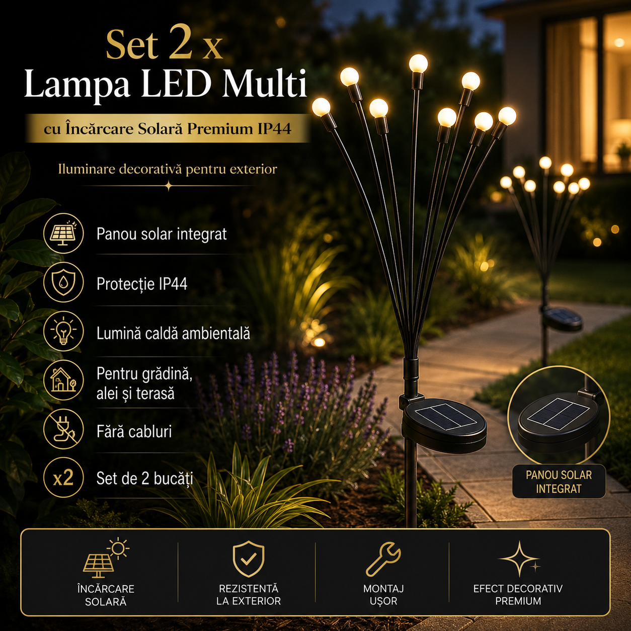 Set 2 x Lampa LED Multi cu Incarcare Solara Premium IP44