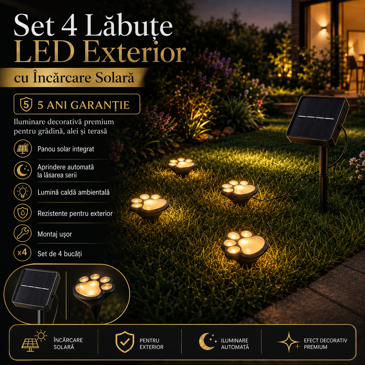 Set 4 Labute LED Exterior cu Incarcare Solara, 5 Ani Garantie