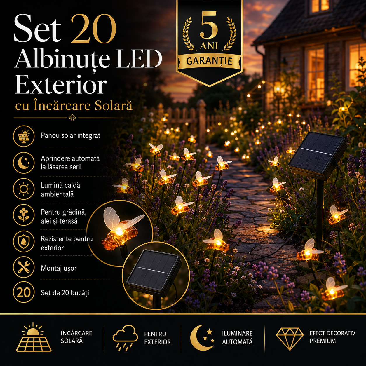 Set 20 Albinute LED Exterior cu Incarcare Solara, 5 Ani Garantie