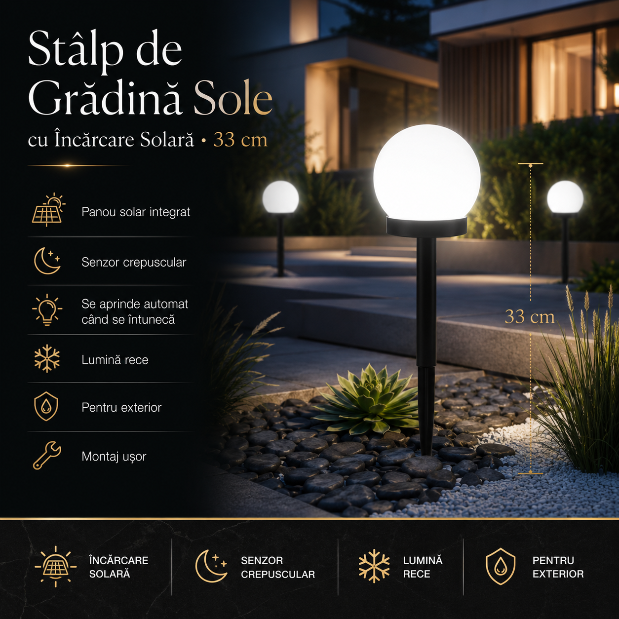 Stalp de Gradina Sole cu Incarcare Solara 33cm