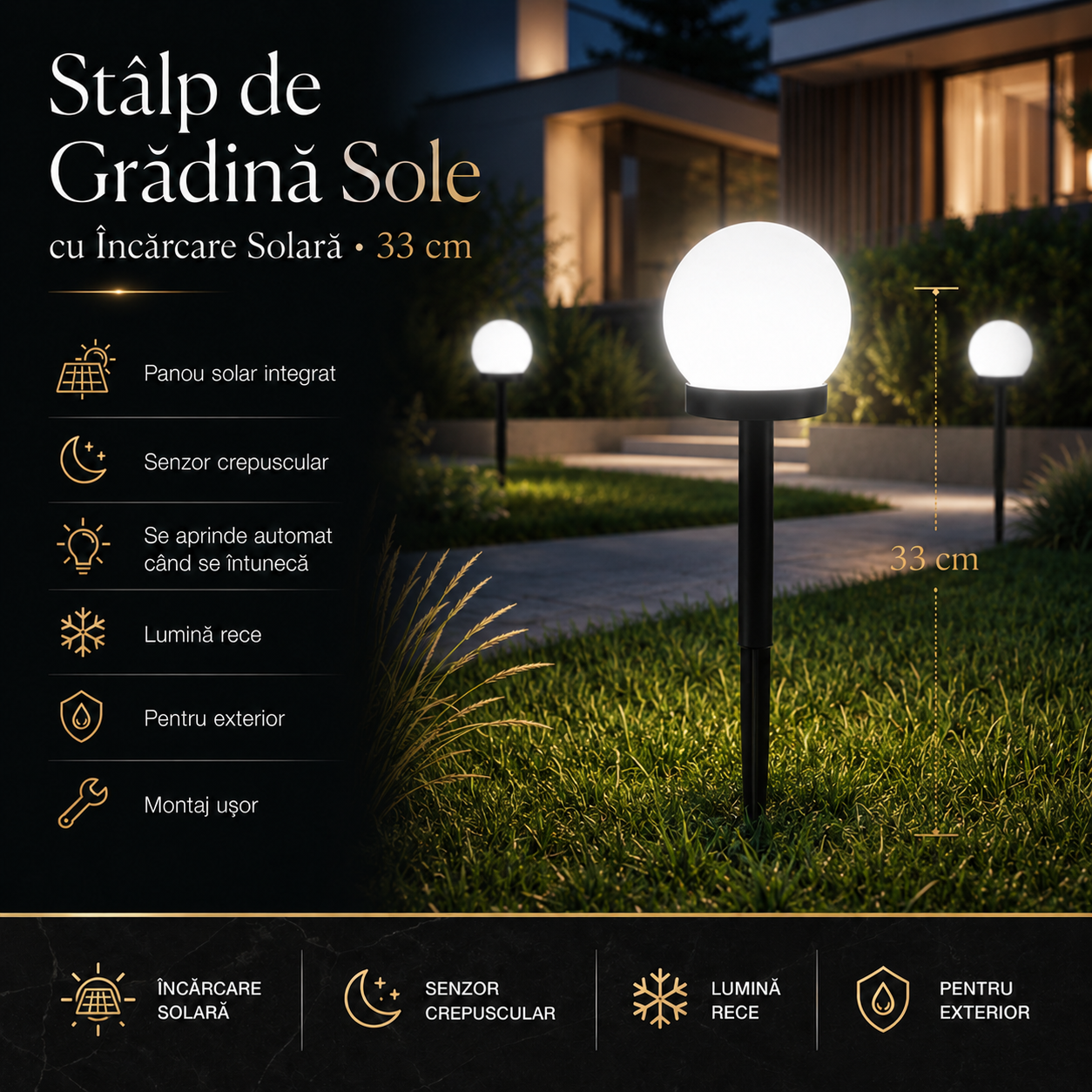 Stalp de Gradina Sole cu Incarcare Solara 33cm