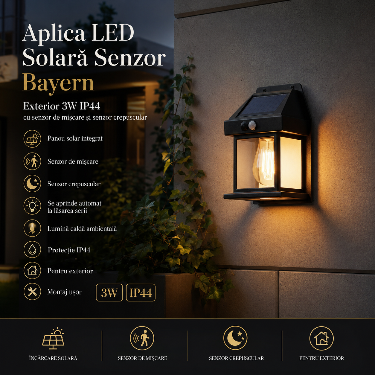 Aplica LED Solara Senzor Bayern Exterior 3W IP44