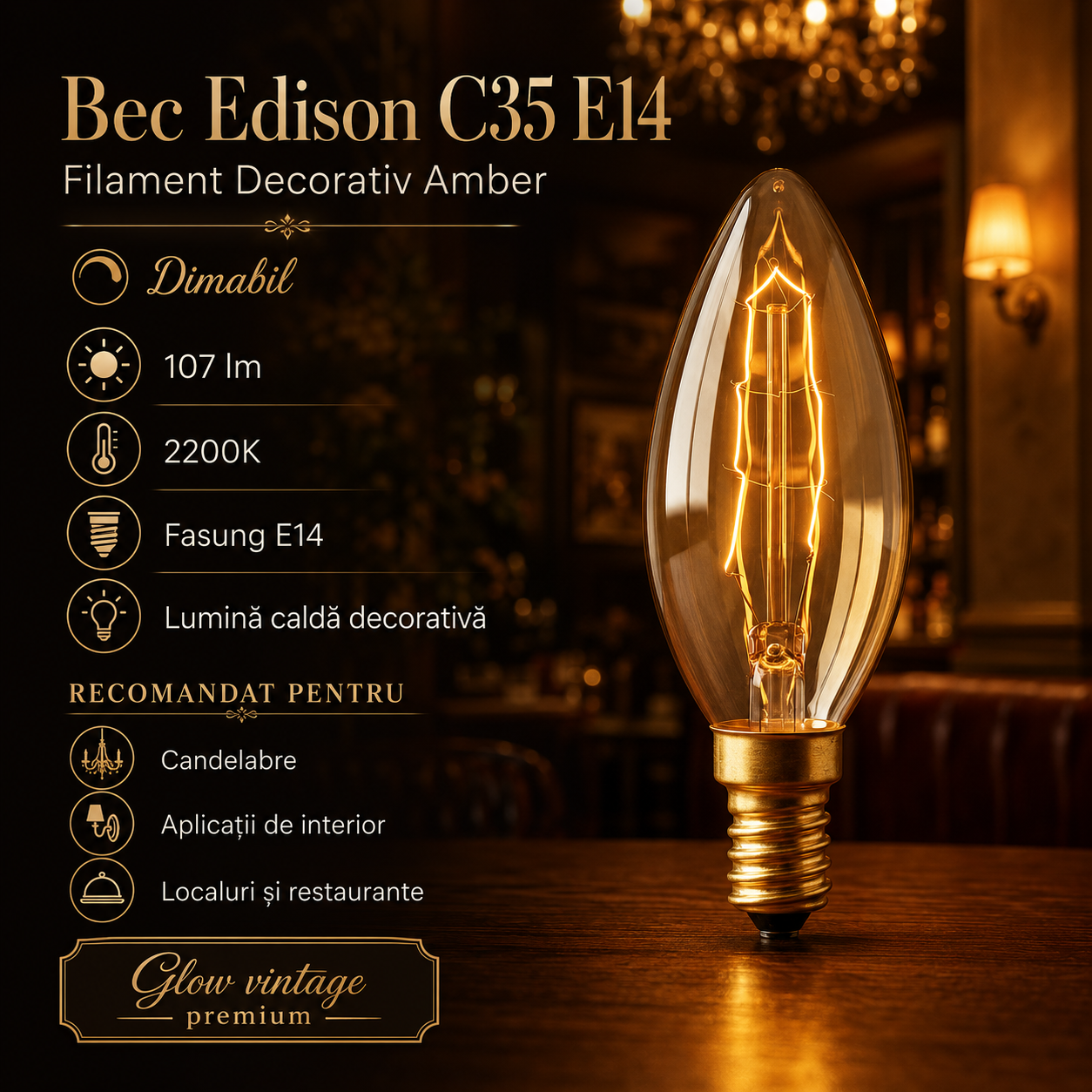 Bec Edison C35 E14 Filament Decorativ Amber Dimabil 107lm, 2200K