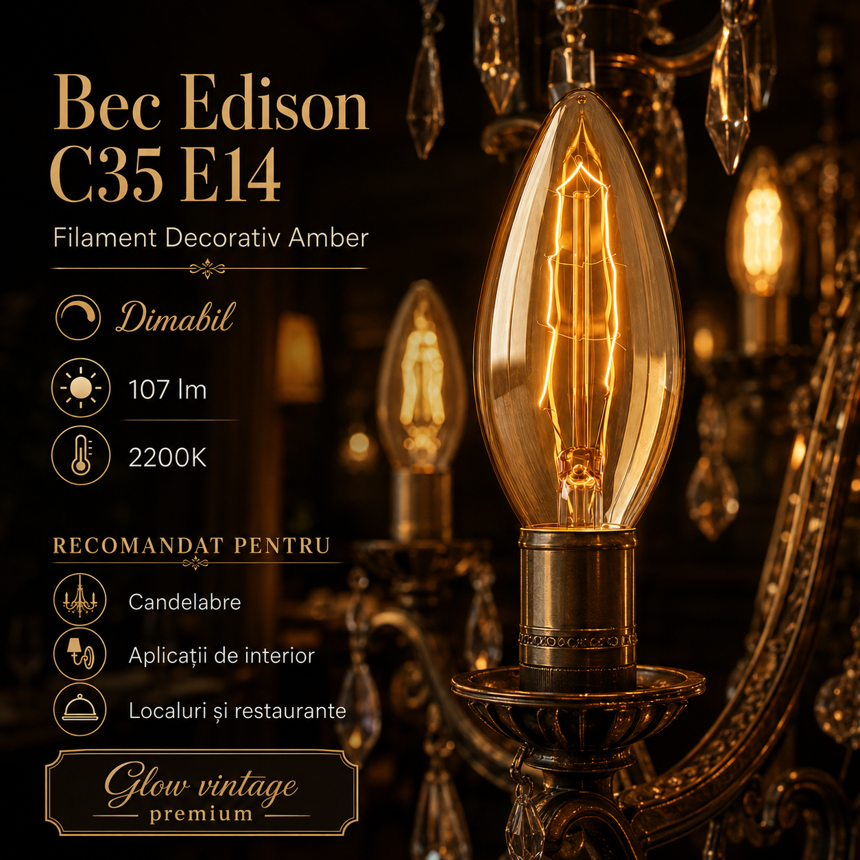 Bec Edison C35 E14 Filament Decorativ Amber Dimabil 107lm, 2200K