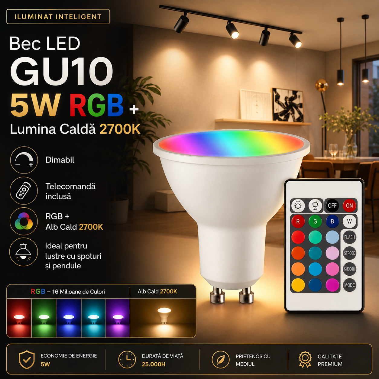Bec LED Spot GU10 RGB 16 Culori Dimabil 5W Echivalent 25W Telecomanda