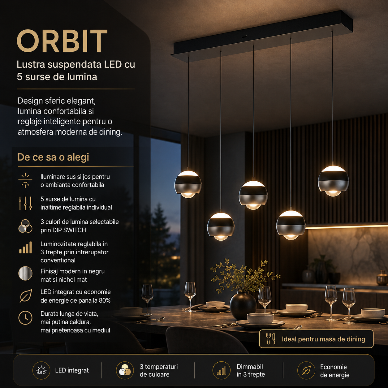 Lustra LED PREMIUM Suspendata Liniara SILVER ORBIT Echivalent 500W