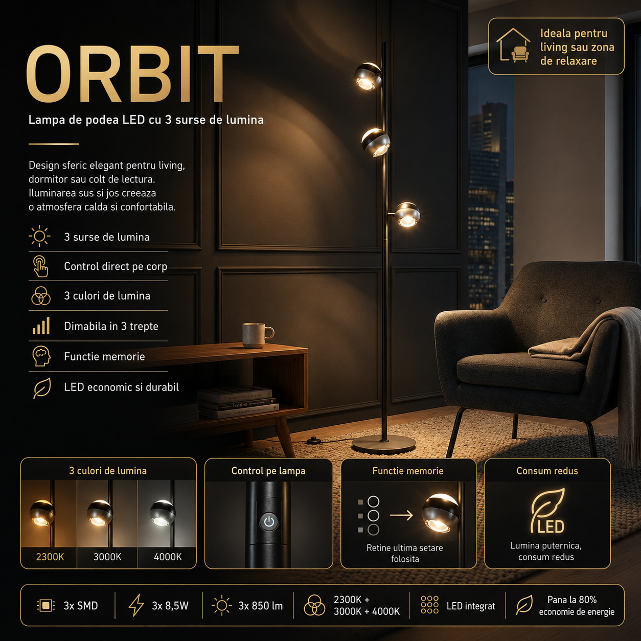 Lampadar LED PREMIUM SILVER ORBIT 150CM