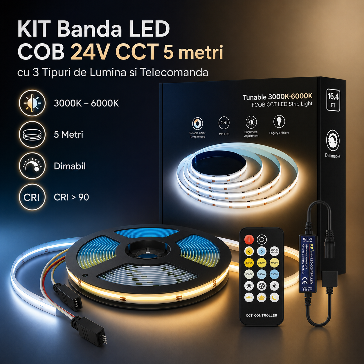 KIT Banda LED COB 24V CCT 5 metri cu 3 Tipuri de Lumina si Telecomanda