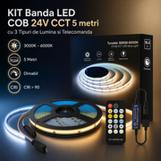 KIT Banda LED COB 24V CCT 5 metri cu 3 Tipuri de Lumina si Telecomanda