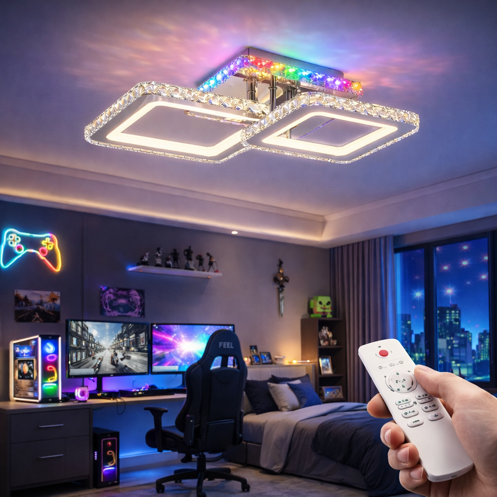 Lustra LED 1+1 SQUARE Chrome RGB Cristal Echivalent 400W Telecomanda