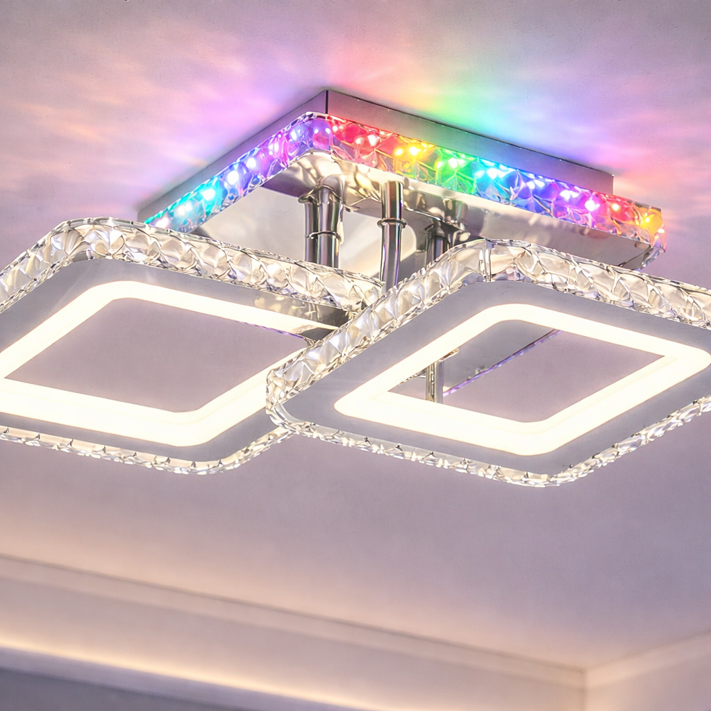 Lustra LED 1+1 SQUARE Chrome RGB Cristal Echivalent 400W Telecomanda