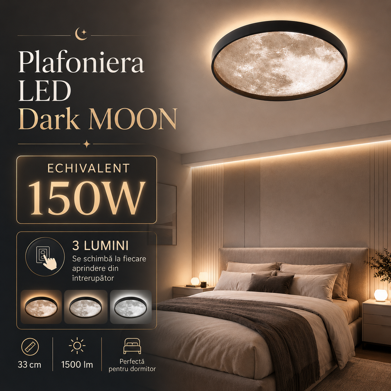 Plafoniera LED Dark MOON, 3 Lumini, Echivalent 150W, 33cm