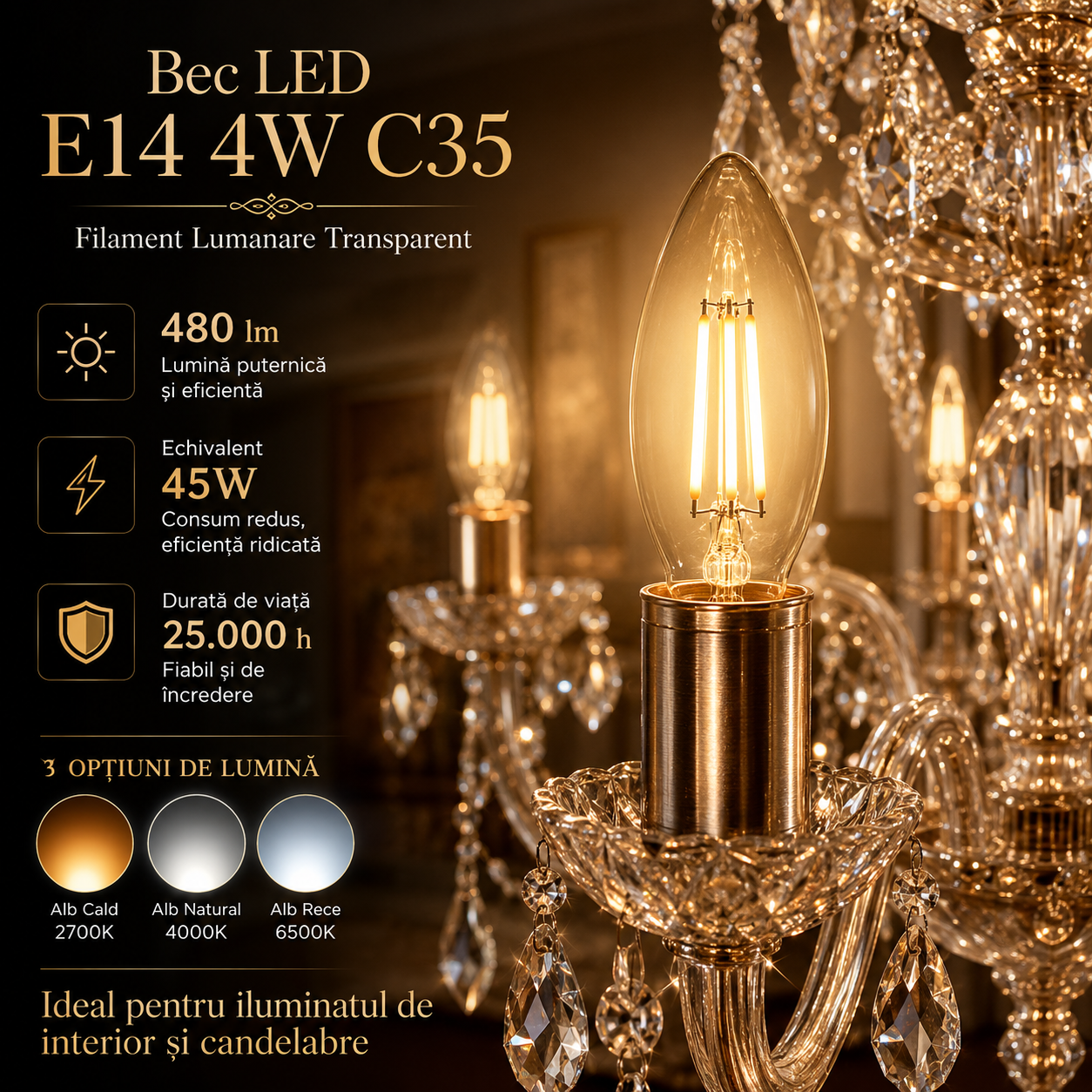 Bec LED E14 4W C35, 480lm, Filament Lumanare Transparent